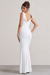 White Cowl-Neck Split Maxi Dress With Bow